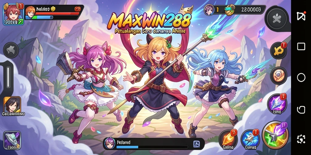 Tangkapan layar menunjukkan aksi mendebarkan dalam MAXWIN288 dan karakter anime yang penuh warna.
