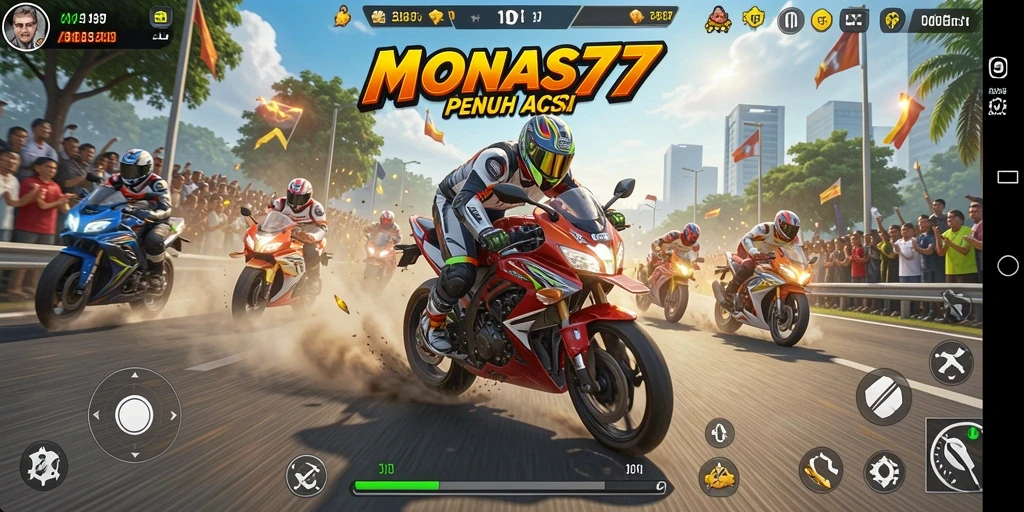 Tampilan gameplay MONAS77 dengan balapan motor yang mendebarkan.