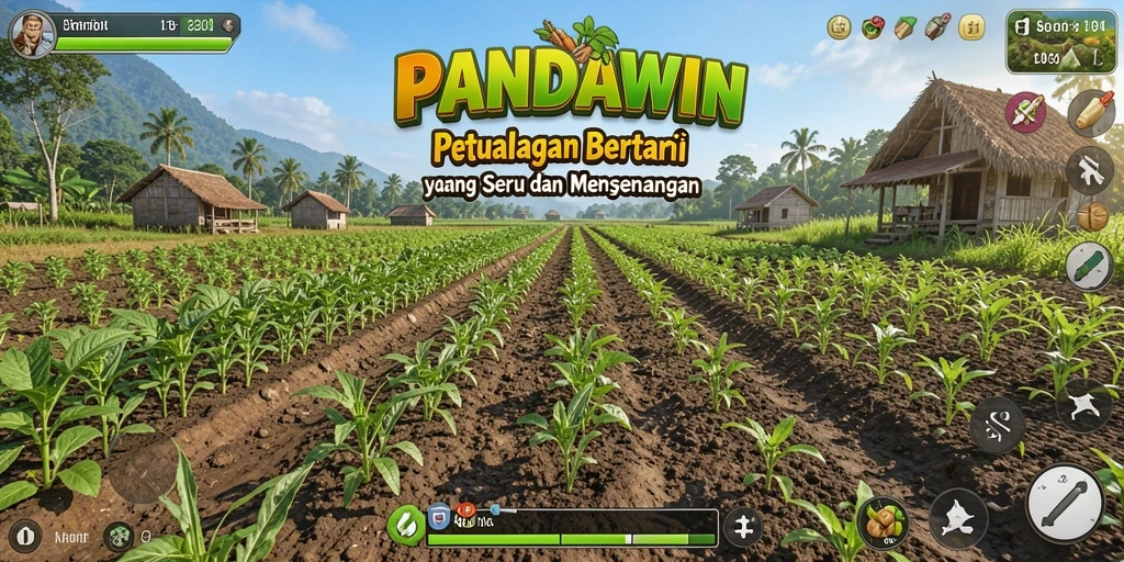 Tampilan gameplay seru di PANDAWIN dengan hasil pertanian yang melimpah.
