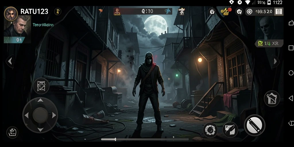 Screenshot gameplay <strong>RATU123</strong> menampilkan suasana horor yang mencekam.